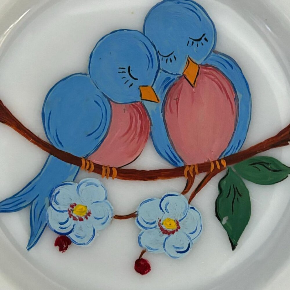 Vintage 1950's "Bluebird of Happiness" Hand Painted Milk Glass Plates Set of 2 - Picture 5 of 8